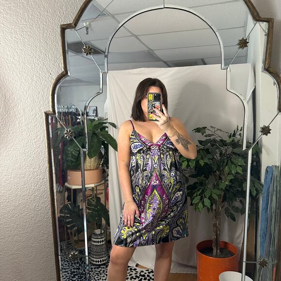 ICE V-Neck Paisley Satin Slip Mini Dress Purple Y2k - Picture 3 of 5